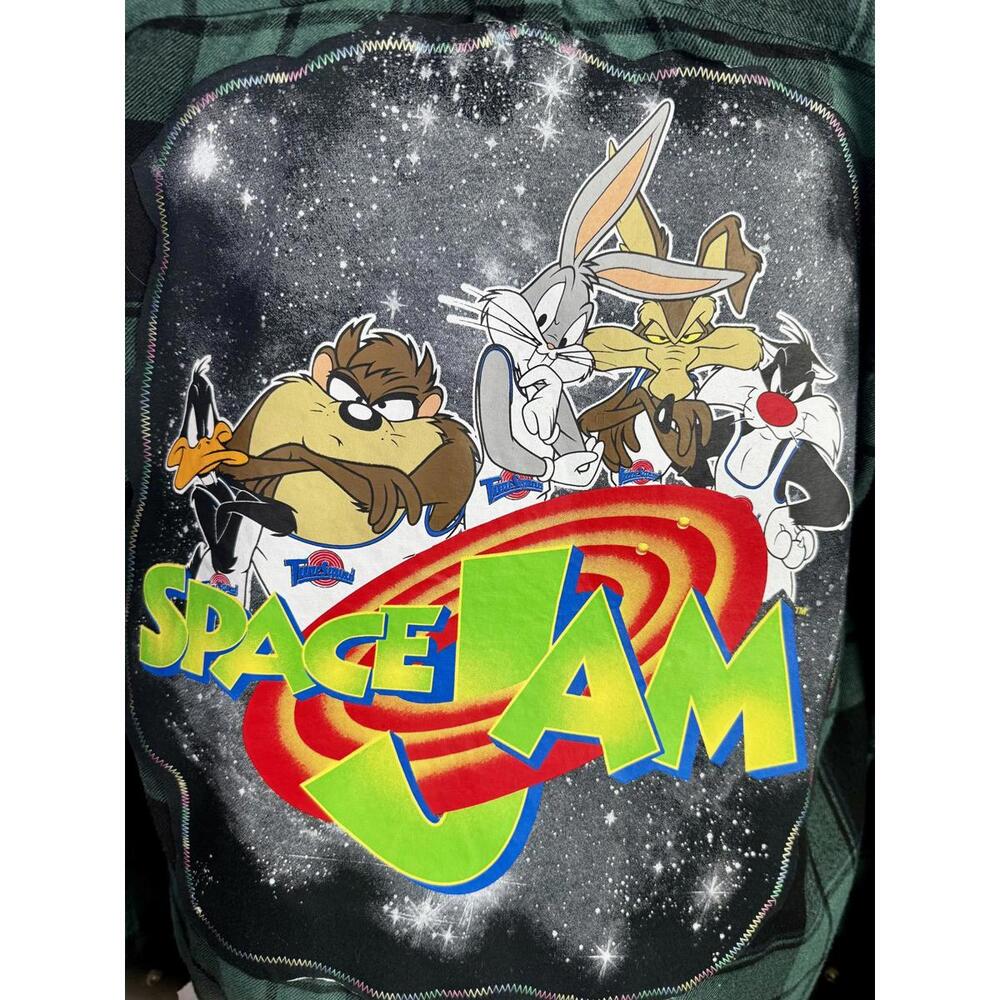 hollister green plaid flannel shirt jacket space jam looney tunes movie patch
